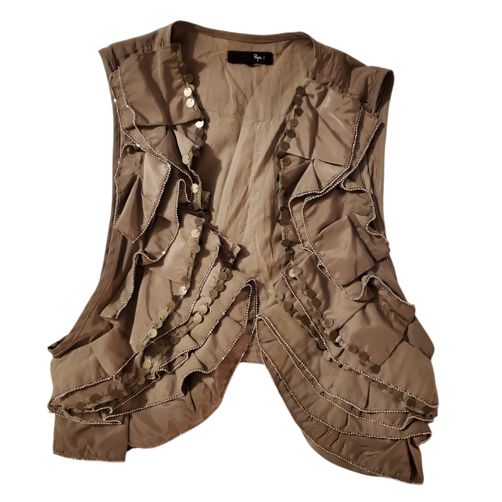 RYU Olive‎ color vest with ruffles and sparkles Womens Size LARGE
